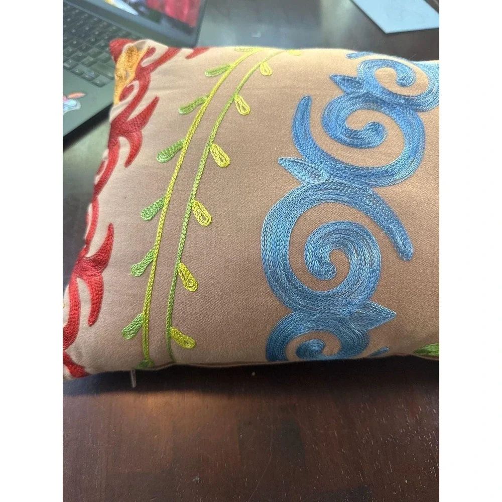 Vintage Pier 1 Imports Embroidered Boho Suzani Lumbar Throw Pillow 19x11